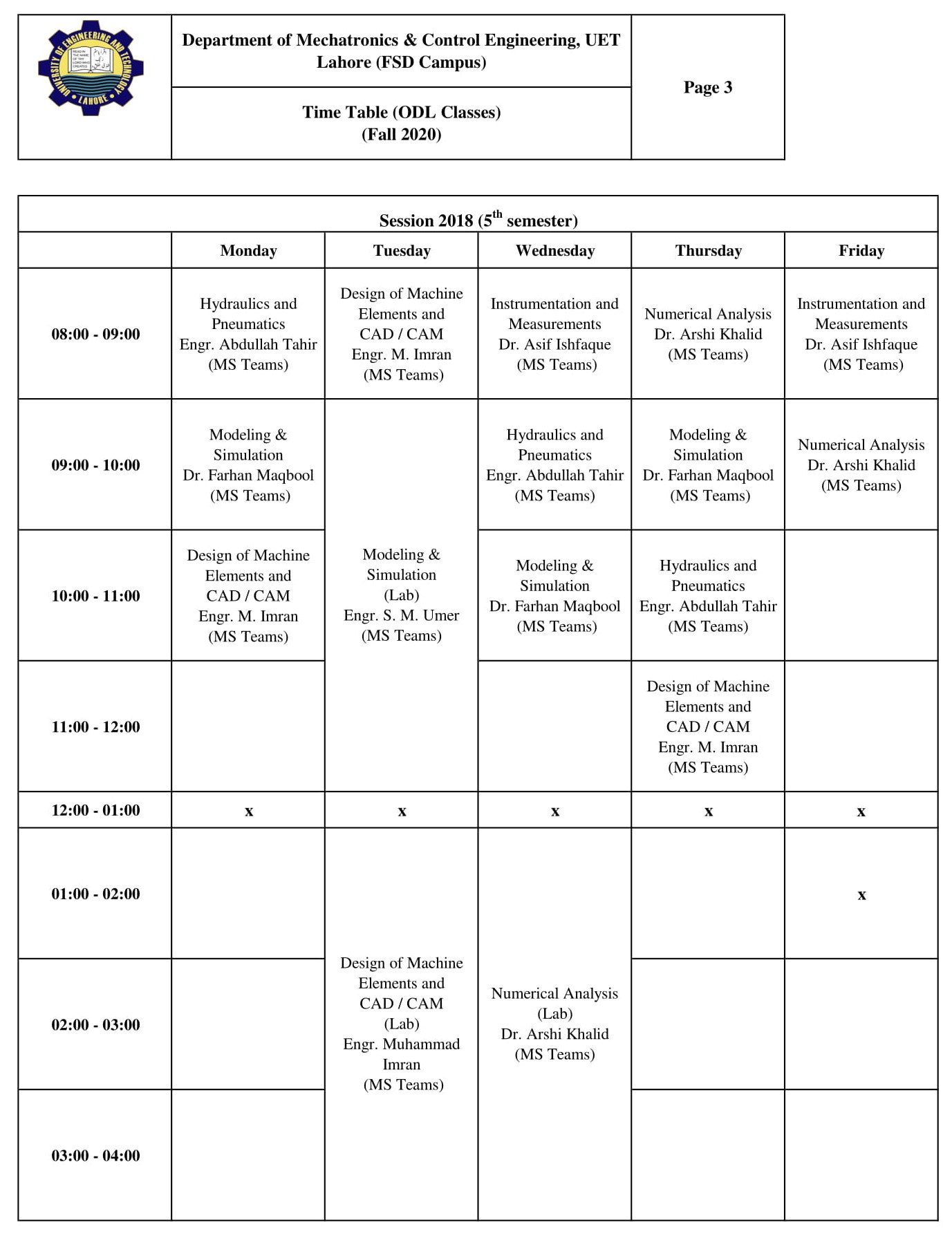 MCE ODL Classes Schedule – UET Faisalabad Campus